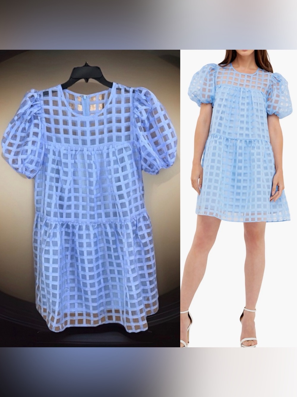 English Factory Baby Blue Gingham Grid Puff Sleeve Mini Dress